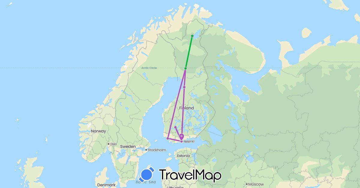 TravelMap itinerary: driving, bus, train in Finland (Europe)